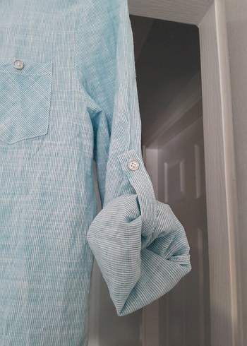 Düğmeli Uzun Kol Mavi Keten Gömlek - Görsel 2