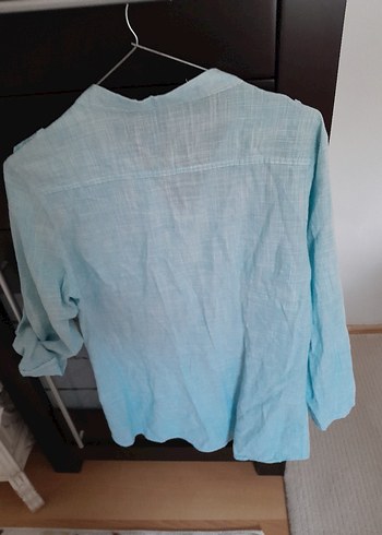 Düğmeli Uzun Kol Mavi Keten Gömlek - Görsel 4