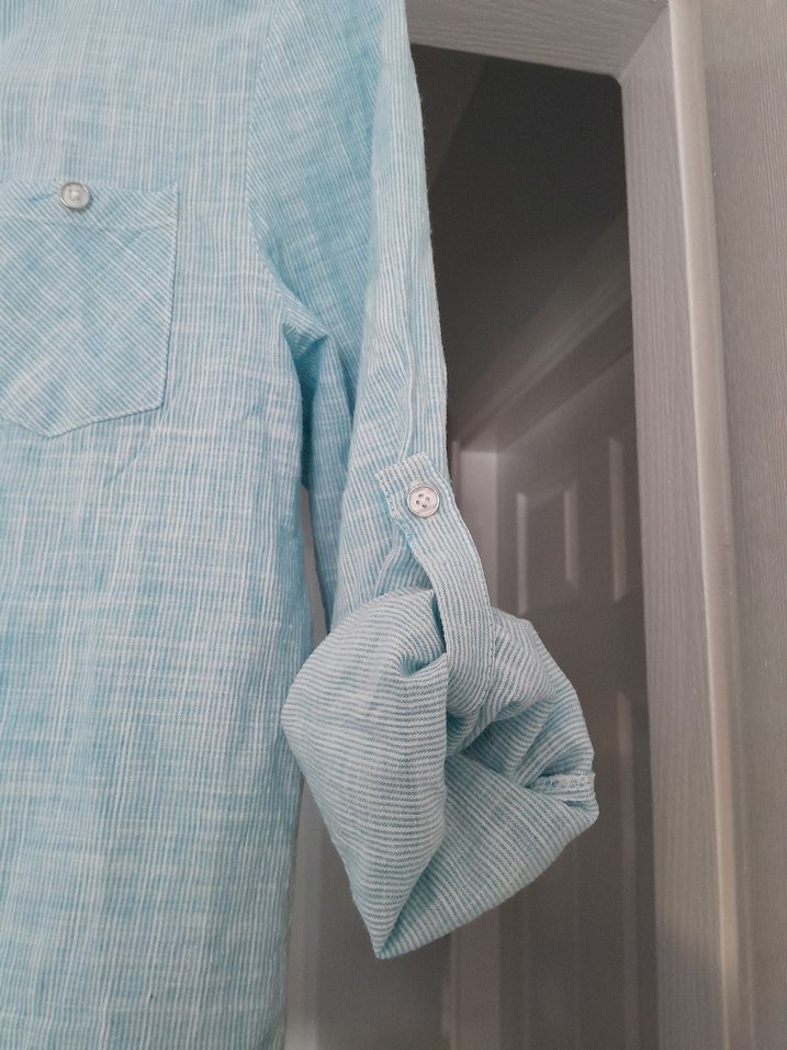 Düğmeli Uzun Kol Mavi Keten Gömlek - Görsel 2