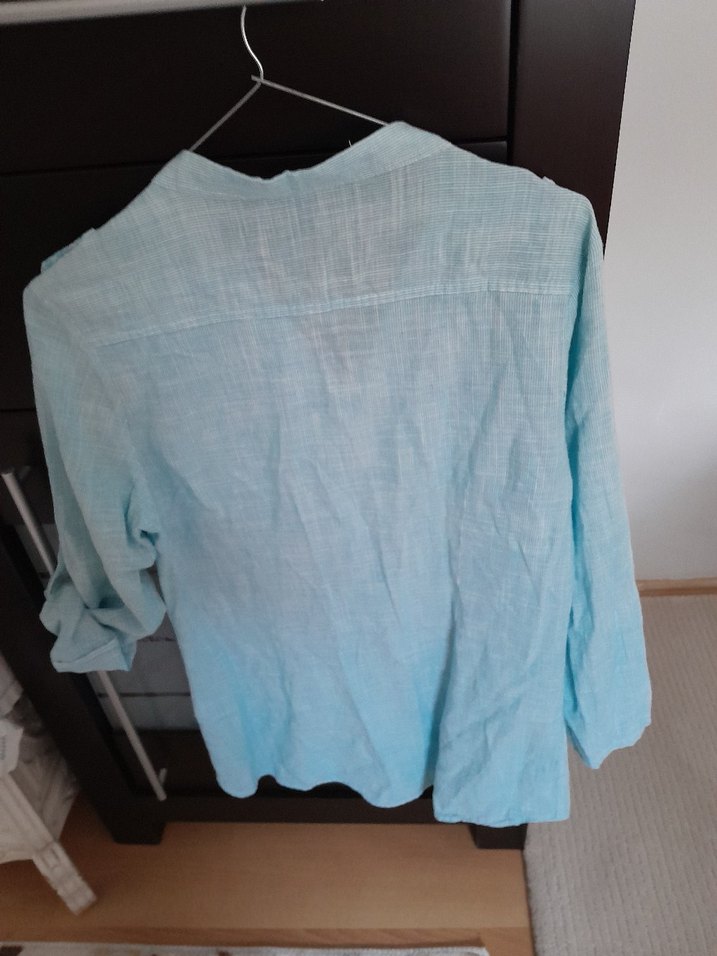 Düğmeli Uzun Kol Mavi Keten Gömlek - Görsel 4