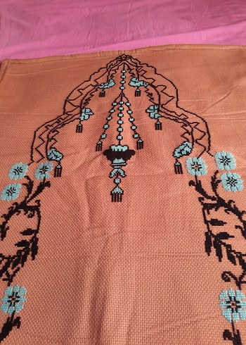 Mavi Çiçekli Kahverengi El İşi  seccade - Görsel 2