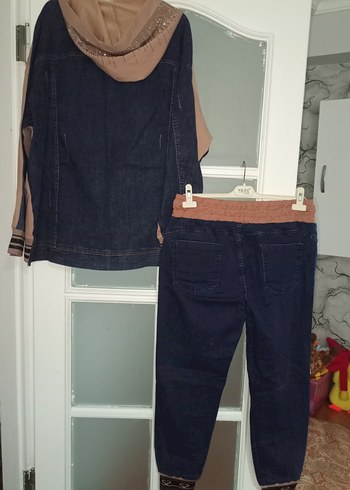 50 Beden pembe Renk Pembe Triko Detaylı Kadın Denim Eşofman Takımı