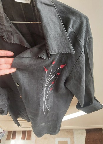 Düğmeli Siyah Keten Kadın Gömlek - Görsel 5