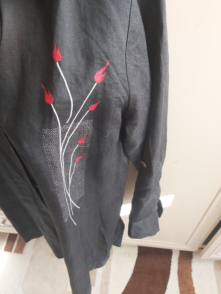 Düğmeli Siyah Keten Kadın Gömlek - Görsel 2