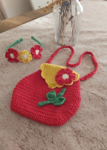 Renkli Nakışlı Örgü Çiçekli Kız Çanta ve Taç Seti - Görsel 2