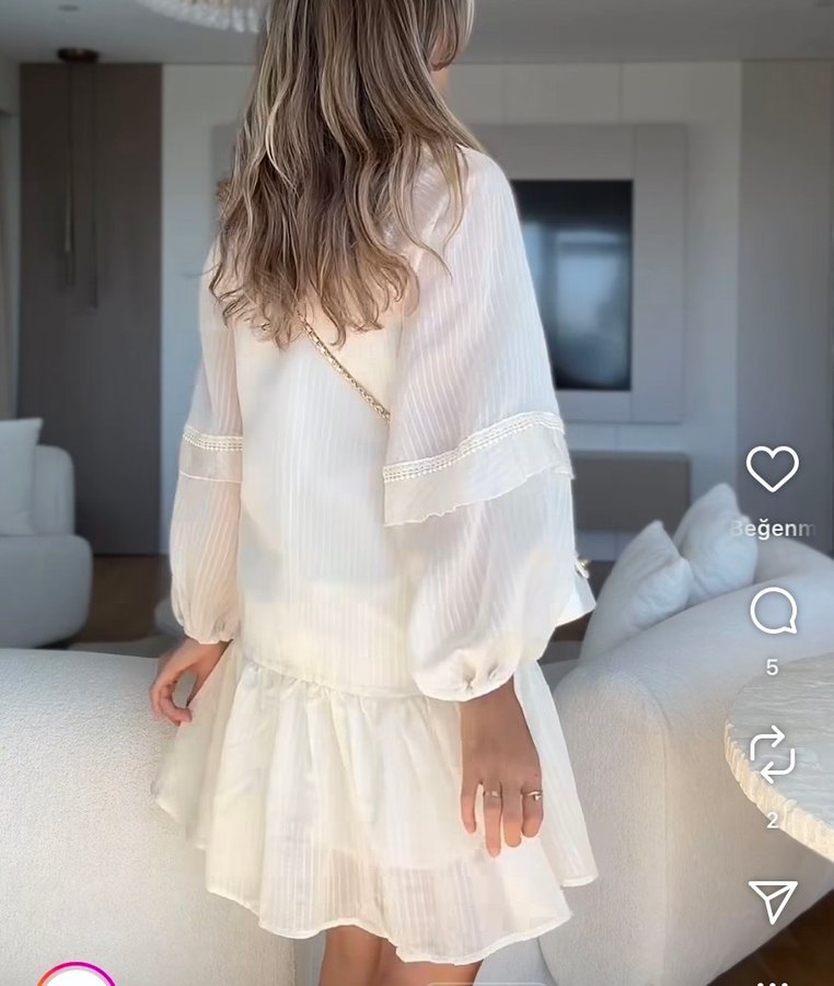 Beyaz Pileli Nakışlı Şifon elbise - Görsel 2