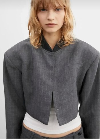 Gri Çizgili Kadın Blazer Ceket