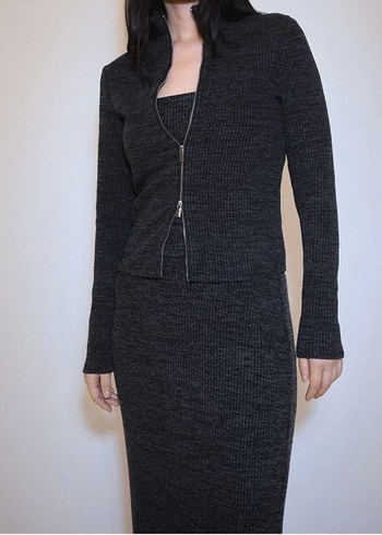 Mango gri kırçıllı straplez bluz ve ceketi - Görsel 3