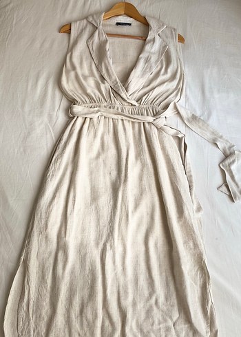 Bej keten görünümlü kumaş Elbise - Görsel 3