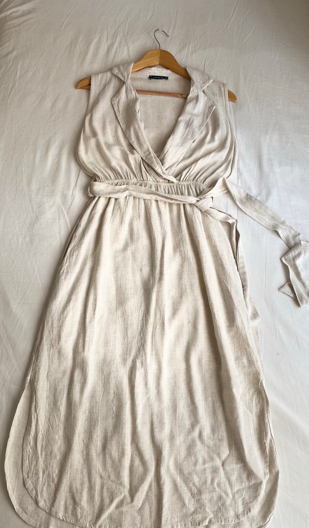 Bej keten görünümlü kumaş Elbise - Görsel 3