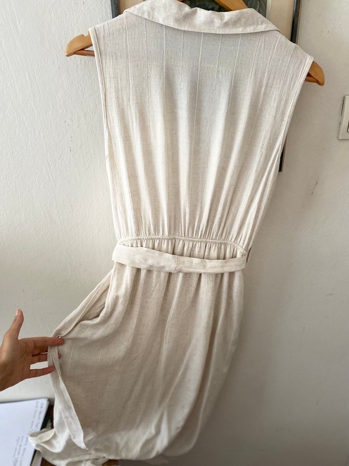 Bej keten görünümlü kumaş Elbise - Görsel 2