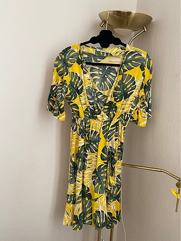 Sarı yeşil Kumaş mini  Elbise lastikli - Görsel 2