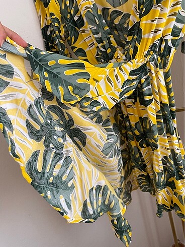 Sarı yeşil Kumaş mini  Elbise lastikli - Görsel 4