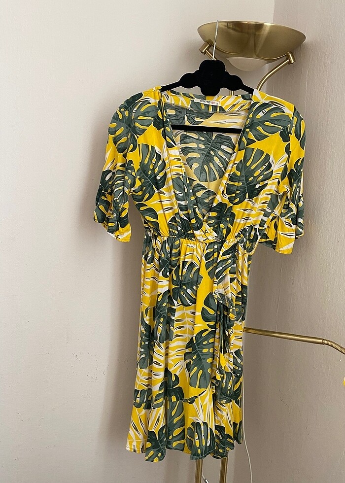 Sarı yeşil Kumaş mini  Elbise lastikli - Görsel 2