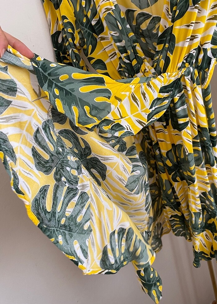 Sarı yeşil Kumaş mini  Elbise lastikli - Görsel 4