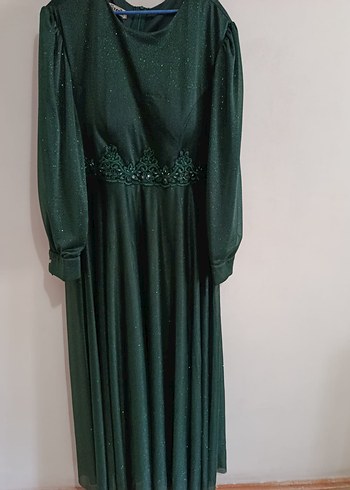 Koyu Yeşil Uzun Kollu Vintage Abiye Elbise