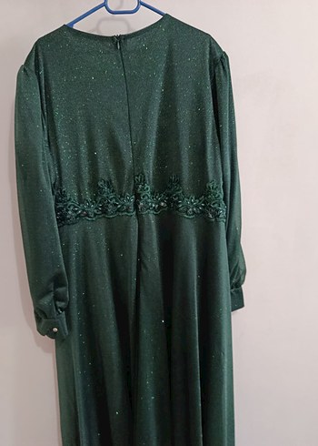 52 Beden Koyu Yeşil Uzun Kollu Vintage Abiye Elbise