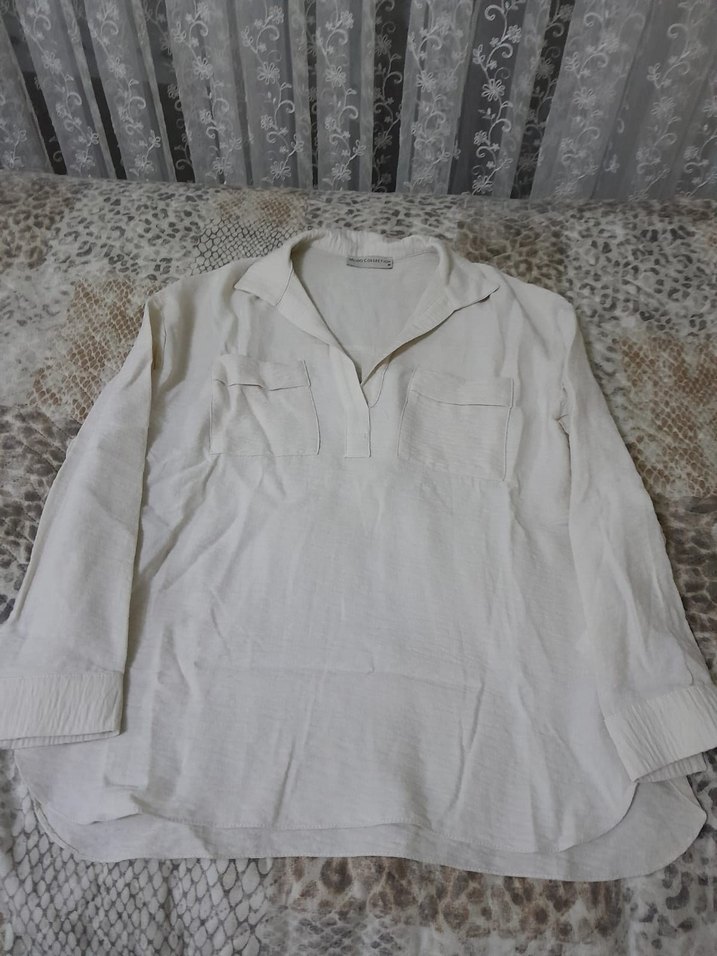 Krem Keten V Yaka Kadın Gömlek - Görsel 4