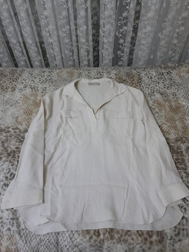 Krem Keten V Yaka Kadın Gömlek - Görsel 2