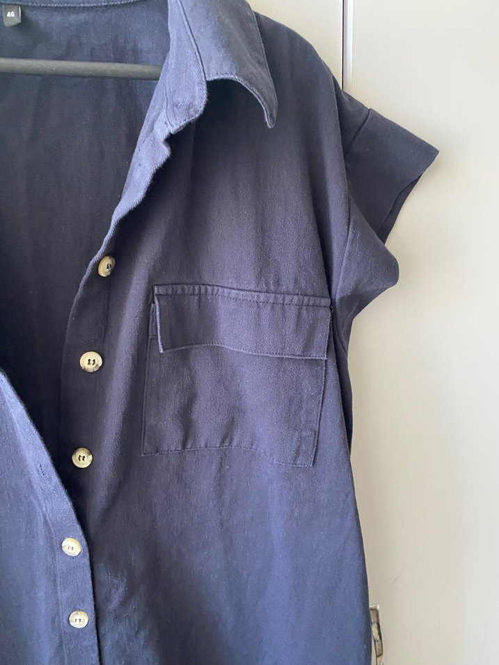 Lacivert Düğmeli Keten Elbise - Görsel 3