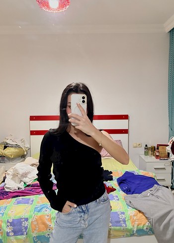 Siyah Tek Kollu Denim Bluz - Görsel 2