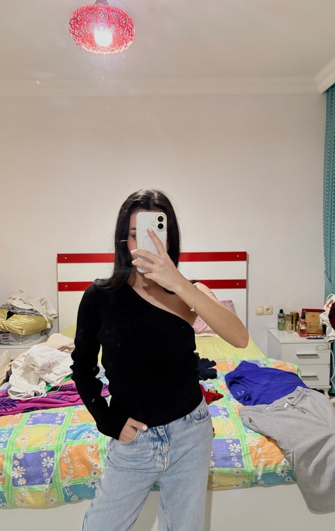 Siyah Tek Kollu Denim Bluz - Görsel 2