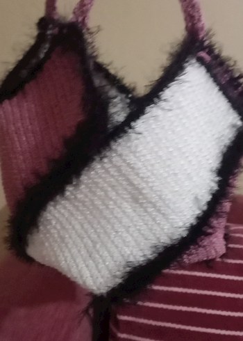 Bordo Bağcıklı Kürklü Örgü Kadın Çanta bulmaca çanta - Görsel 2