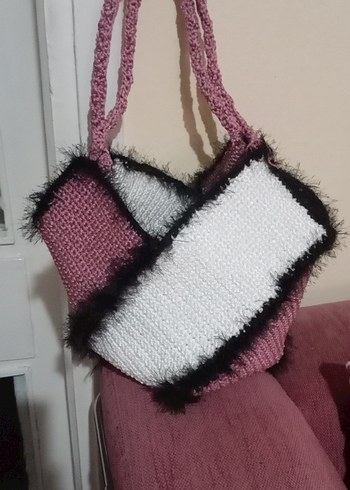 Bordo Bağcıklı Kürklü Örgü Kadın Çanta bulmaca çanta - Görsel 5