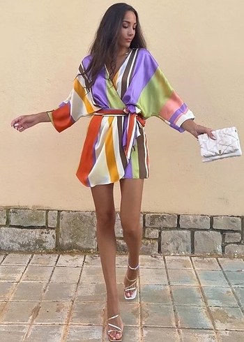 Zara Zara tulum elbise Bohem Renkli Mini Batik Desenli Kadın Kimono