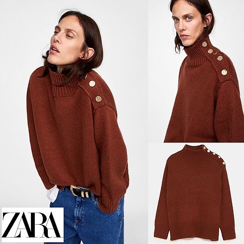 Zara boğazlı düğmeli örgü kazak