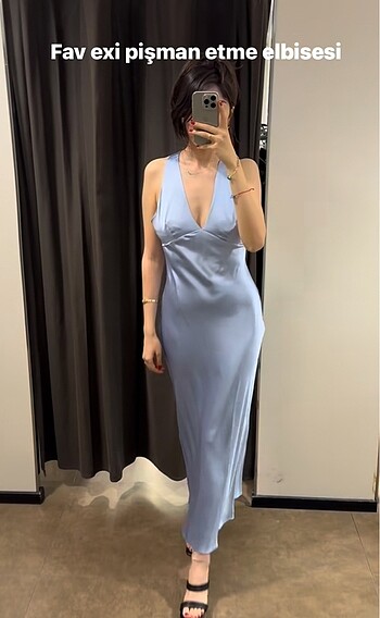 Zara gök mavi saten viral midi elbise