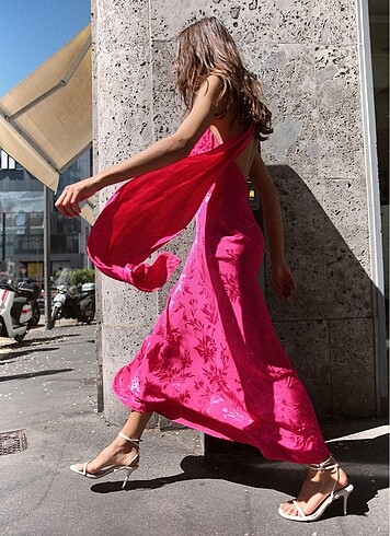 s Beden pembe Renk Bağcıklı jacquard midi elbise zara