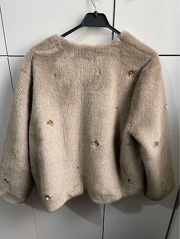 xl Beden camel Renk Zara mücevher taşlı peluş tüylü kürk ceket