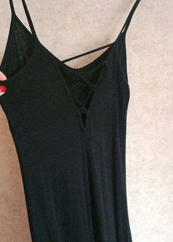 Siyah V Yaka Uzun İnce Askılı Elbise - Görsel 3