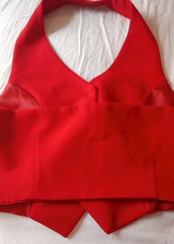 Kırmızı V Yakalı Düğmeli Kadın Yelek - Görsel 2