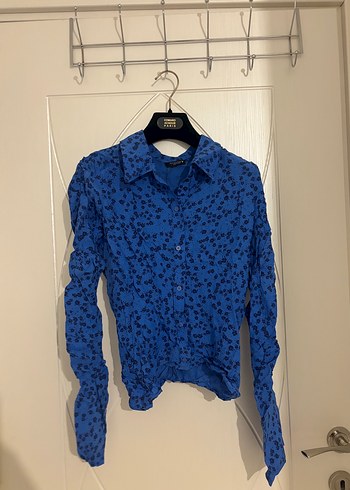 Zara Zara Mavi Desenli Kısa Kollu Kadın Gömlek