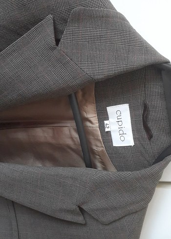 Gri Ekose Desenli Kadın Blazer Ceket ve etek