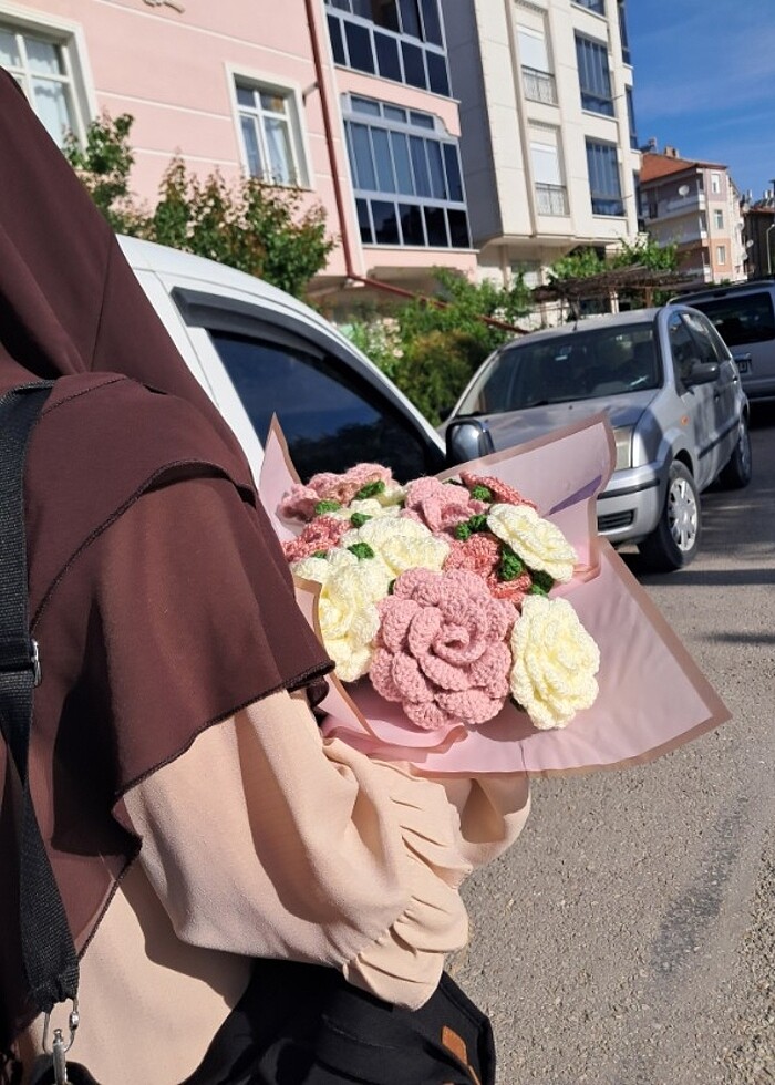 Örgü gül buketi 12li - Görsel 4