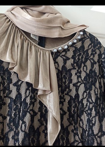 Dantel Detaylı Kahverengi Uzun Elbise - Görsel 2