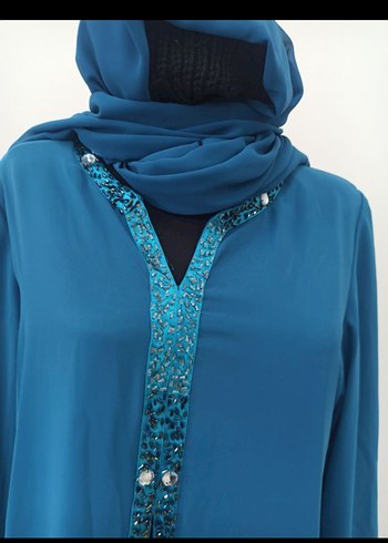 Boncuk İşlemeli Turkuaz Uzun Elbise ozel günler - Görsel 2