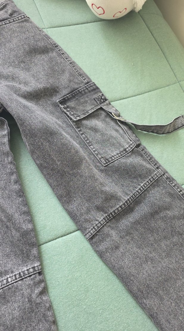 11 12 yas Gri Bol Kesim Kemersiz kiz çocuk Kot Pantolon - Görsel 3