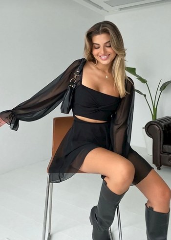 Siyah Straplez Uzun Kollu Mini Elbise - Görsel 4