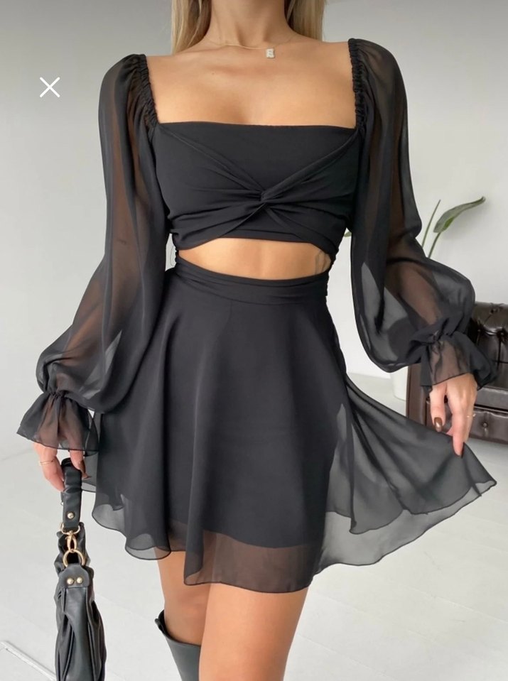 Siyah Straplez Uzun Kollu Mini Elbise - Görsel 2