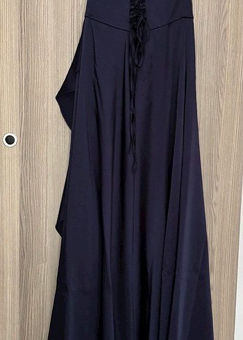 Saten Kumaşlı Lacivert Uzun Abiye Elbise - Görsel 8