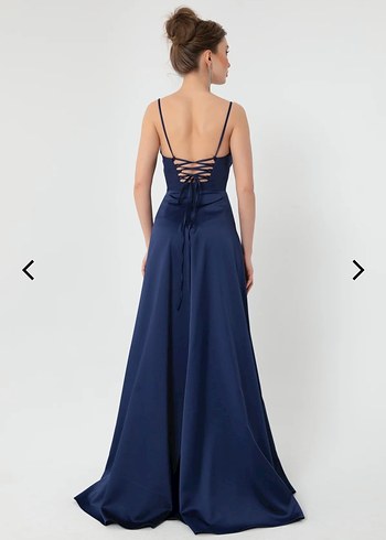 Saten Kumaşlı Lacivert Uzun Abiye Elbise - Görsel 5