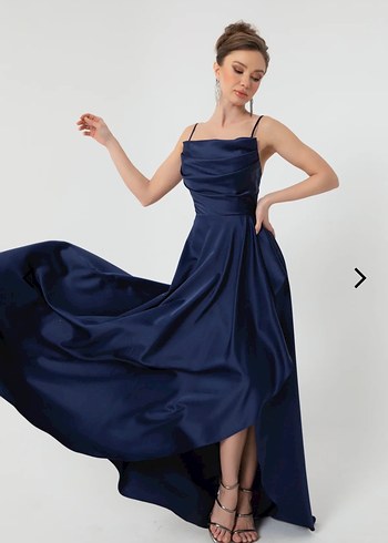 Saten Kumaşlı Lacivert Uzun Abiye Elbise - Görsel 4