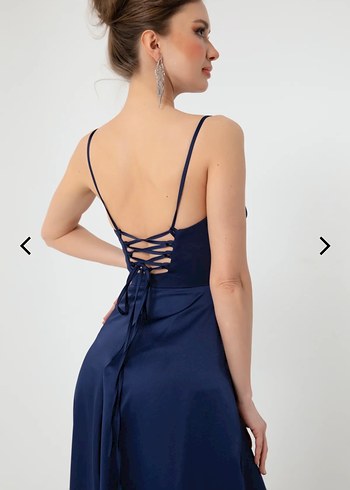 Saten Kumaşlı Lacivert Uzun Abiye Elbise - Görsel 3