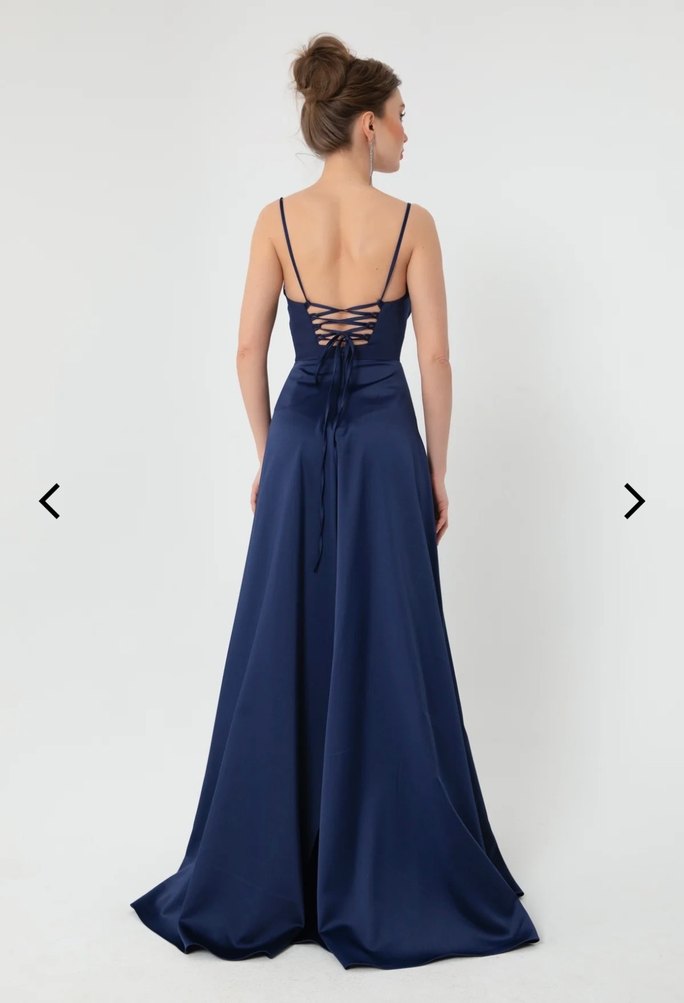 Saten Kumaşlı Lacivert Uzun Abiye Elbise - Görsel 5