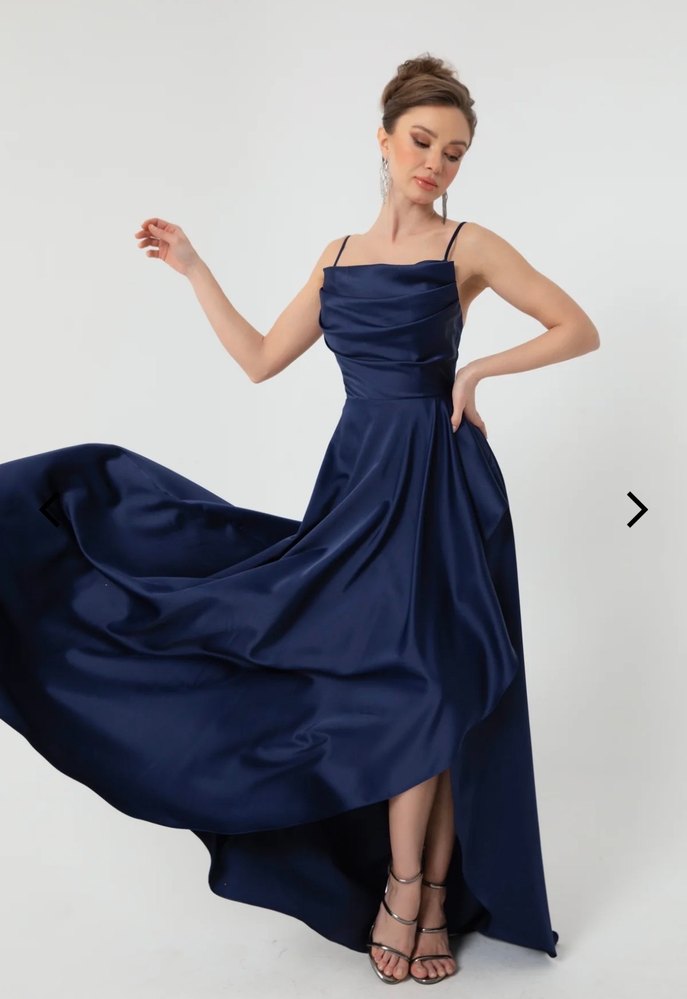 Saten Kumaşlı Lacivert Uzun Abiye Elbise - Görsel 4