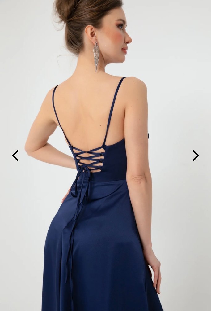 Saten Kumaşlı Lacivert Uzun Abiye Elbise - Görsel 3